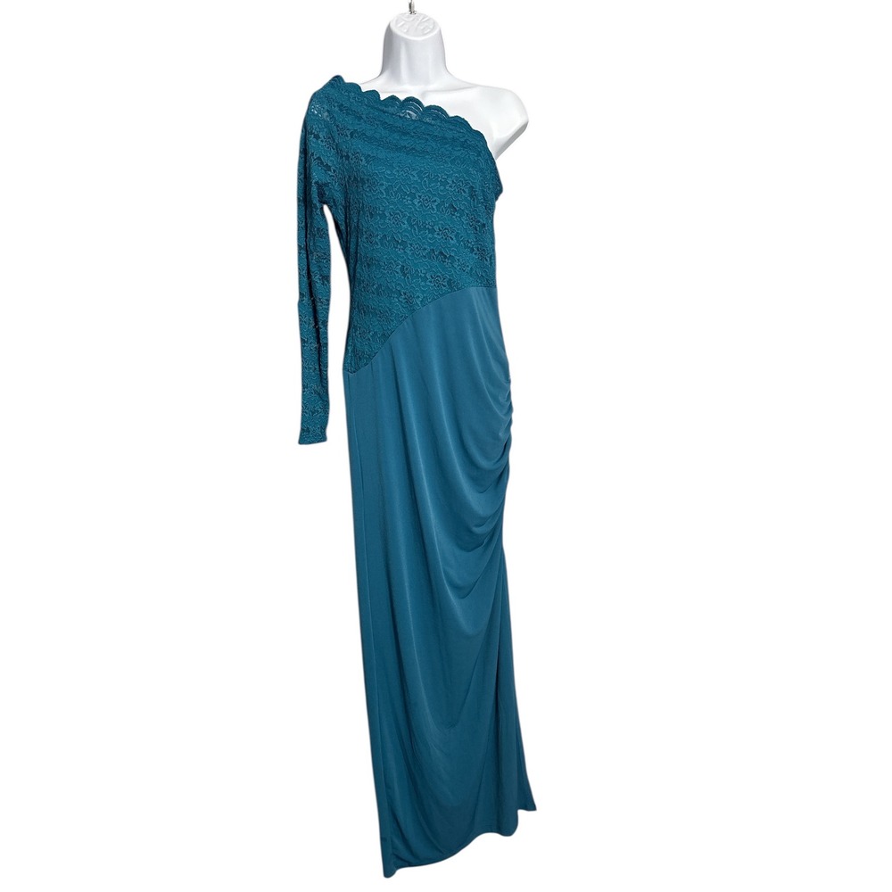 VENUS Teal One Shoulder Lace Sleeve Ruched Gown Dress Women's Small